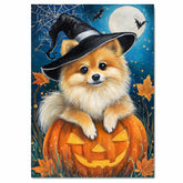 Halloween Pomeranian Dog Canvas Wall Art Puppy in Witch Hat Pumpkin Decor for Dog Lovers Farmhouse  on Ready to Hang 1.5" Thick Canvas Wrap, Floating Framed Canvas, Flat Rolled Canvas